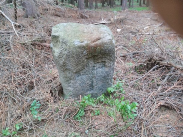 Středověký hraníční kámen s oboustranně vytesaným křížem na zemské hranici na Žďársku