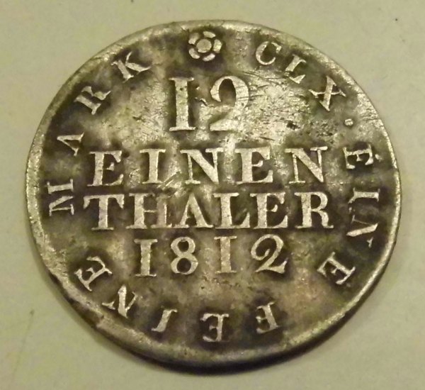 12 Einen Thaler 1812, eine feine Mark, značka SGH (Samuel Gottlieb Helbig, Drážďany)